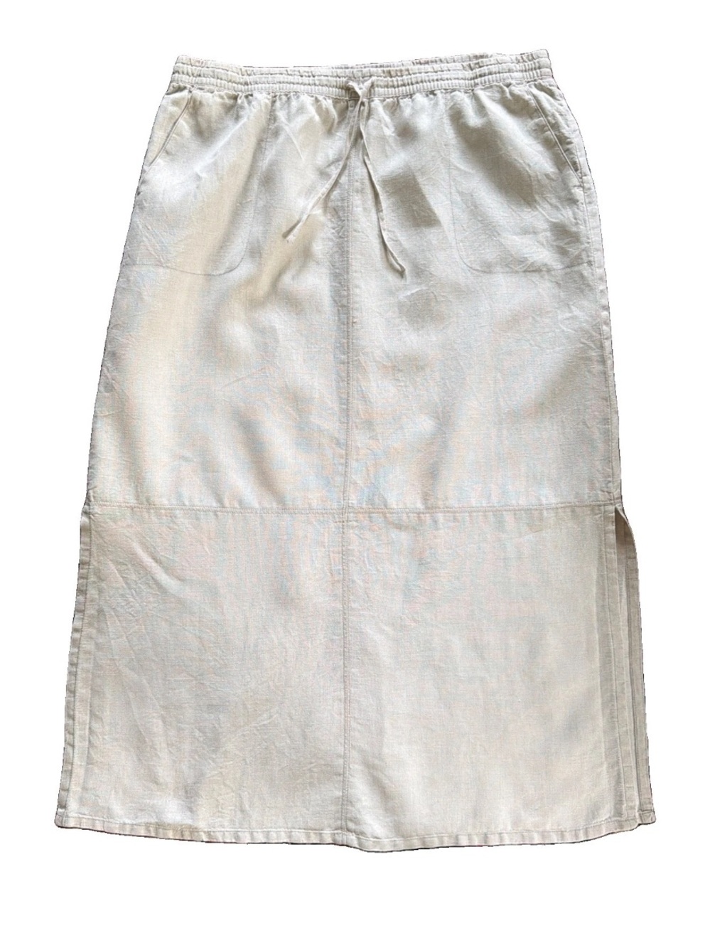 Garnet Hill 100% Linen Maxi Skirt Beige Side Slits Elastic Waist Size 18 Pockets